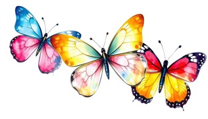 Vibrant watercolor painting of four colorful butterflies in flight with delicate wings and splashes of color