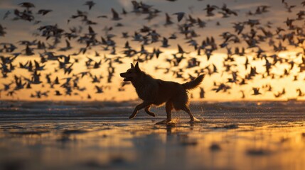 A feeling of freedom as a dog chases seagulls on a sunset beach