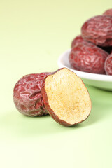 Xinjiang Red Jujube Dates Cut Open Showing Interior Fresh Chinese Fruit