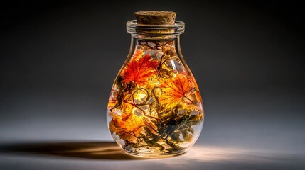 Decorative Glass Jar Filled with Autumn Leaves and Twisted Branches on Dark Background