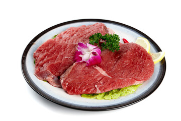 Fresh Raw Beef Steaks Display with Garnish on White Plate - Premium Meat Food Presentation