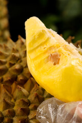 Fresh Golden Durian Fruit Cut Open Studio Shot Revealing Creamy Yellow Flesh and Seed Inside
