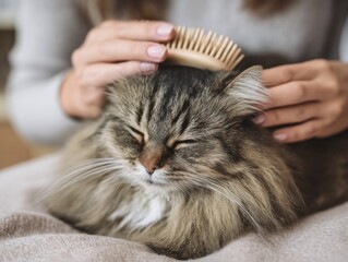 A loving owner grooms a very contented cat