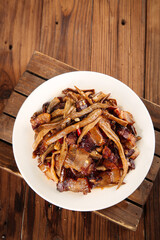 Sautéed Eggplant with Dried Bacon on White Plate - Rustic Wooden Table Food Photography