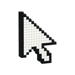 Pixelated mouse cursor arrow made of black and white 3D blocks on white background, retro digital pointer icon