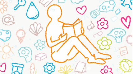 Person reading a book surrounded by colorful doodles including flowers hearts and other cute objects
