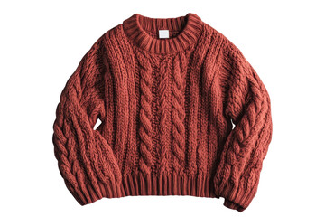Cozy knit sweater with cable patterns in warm rust color, perfect for autumn or winter fashion, designed for comfort and style, suitable for casual wear or layering on colder days