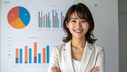 ビジネスシリーズ:グラフの前に立つ日本人女性会社員