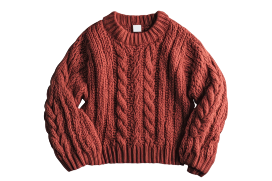Cozy knit sweater with cable patterns in warm rust color, perfect for autumn or winter fashion, designed for comfort and style, suitable for casual wear or layering on colder days
