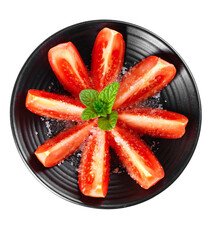 Fresh Sliced Tomatoes with Mint on Black Plate - Healthy Vegetable Star Arrangement with Sugar...