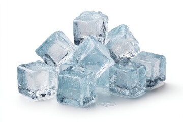 A refreshing pile of clear transparent ice cubes stacked against a clean white background with light reflections