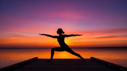 A woman's silhouette in a warrior II yoga pose on a pier during a vibrant sunset.