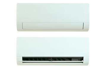 Indoor unit of wall-mounted air conditioner isolated on white background. View in standby mode and view with open lamella during operation.
