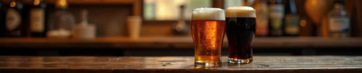 Golden amber beer and dark stout in glasses, rustic pub, background, pint, illumination