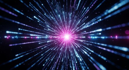 Abstract Burst of Light Streaks: Blue and Pink Glowing Particles Radiating from a Central Point