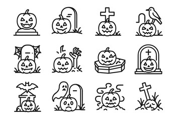 Halloween pumpkin icons with tombstones and ghosts
