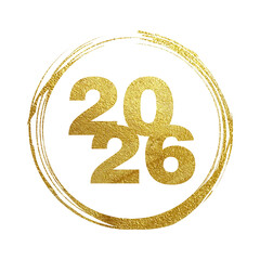 2026 typography number in golden round texture grungy stroke on transparent background. 