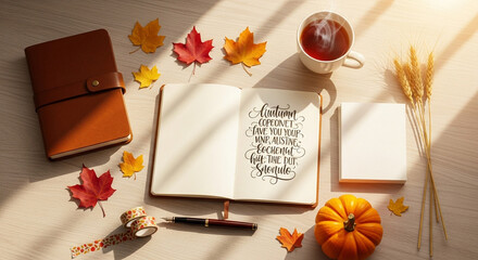 Flat lay of autumn stationery items on rustic surface with warm sunlight streaming, cozy seasonal office supplies arranged in creative composition