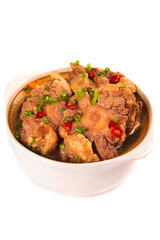 Fresh Braised Oxtail Beef Stew with Vegetables and Herbs in White Bowl