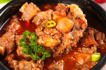 Braised Oxtail Stew with Beef and Vegetables in Savory Brown Sauce
