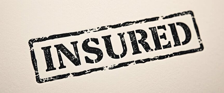 Distressed rubber stamp imprint reads "INSURED" on textured paper,  assurance,  policy