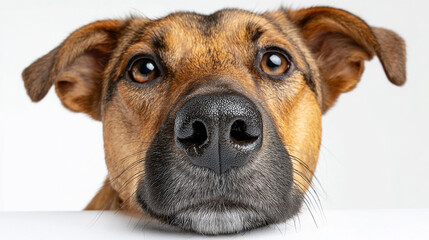Obraz premium Curious dog muzzle closeup brown fur black nose expressive eyes white background friendly and attentive expression tightly framed portrait high detail