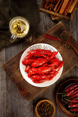 Delicious red crayfish on table with beer and spices - traditional Chinese seafood meal