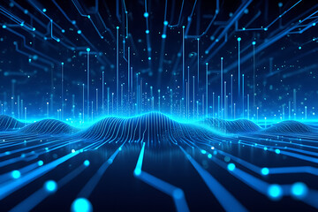 An abstract blue background of a futuristic technology grid with fiber optics and light spots creating a fractal cyberspace texture