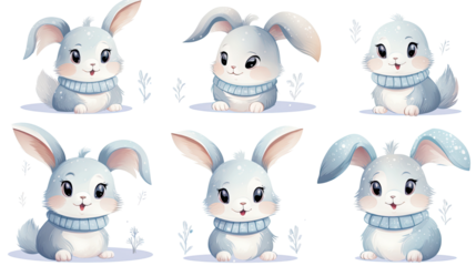 Set of funny rabbits cartoon characters isolated on white background