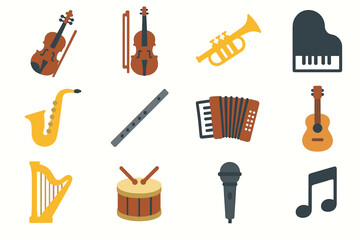 Musical instruments collection: guitar, violin, trumpet, piano, saxophone, flute, accordion