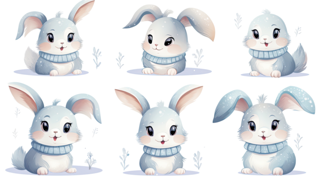 Set of funny rabbits cartoon characters isolated on white background