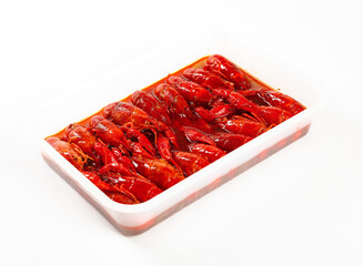 Spicy Cooked Crawfish Crayfish in White Container on White Background