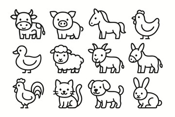Cute farm animals outline: cow, pig, horse, chicken, duck, sheep, goat, donkey, rooster, cat, dog, rabbit