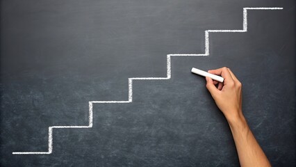 Hand drawing a staircase with chalk on a dark blackboard representing progress