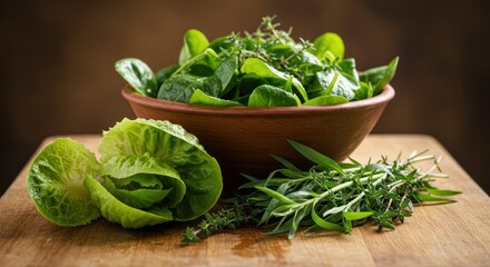 A vibrant assortment of fresh culinary herbs and leafy greens, including spinach, lettuce, thyme, and tarragon on a rustic wooden surface