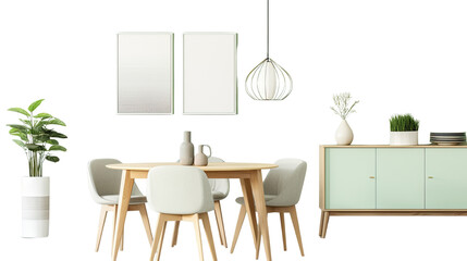 Round wooden modern dining table in room interior isolated on white background