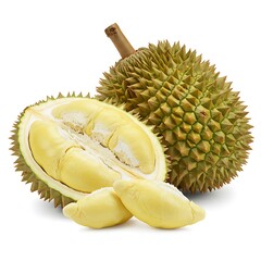 Obraz premium Whole and sliced durian fruit, showcasing its spiky exterior and creamy interior.