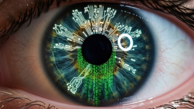 A macro shot of a human eye with a digital circuit and binary code overlay.