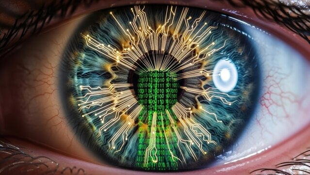 A close-up of an eye with a glowing gold circuit pattern and binary code in the pupil. - Powered by Adobe