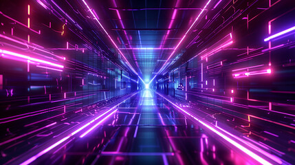A striking futuristic digital grid features glowing neon lines that form an immersive tunnel effect, creating a sense of depth and movement in a vibrant virtual landscape of colors and light