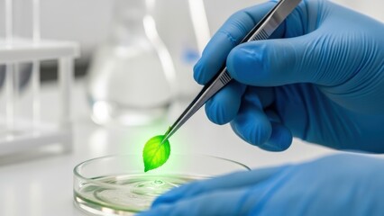 Fototapeta premium A scientist's gloved hand holding a glowing green leaf with tweezers in a laboratory.