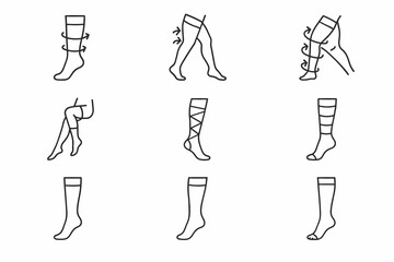 Different types and methods of wearing compression socks simplified with icon illustrations