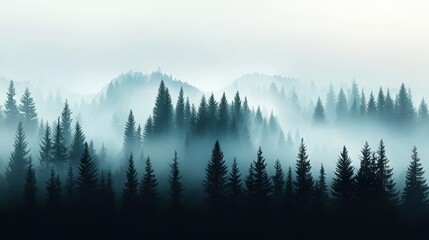 Obraz premium Easy Watercolor Painting Tutorial Concept. Enchanting Misty Forest Landscape with Silhouetted Pine Trees at Dawn or Dusk Light