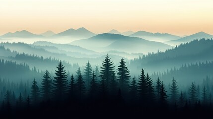 Obraz premium Easy Watercolor Painting Tutorial Concept. Serene Layered Mountains with Misty Forests at Dawn in Soft Pastel Shades of Nature