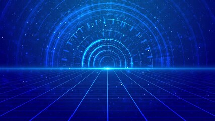 Futuristic digital HUD glowing round tunnel blue grid floor perspective. Abstract technology background for sci-fi visuals, virtual reality, cyberspace, AI, blockchain, network innovation, gaming - Powered by Adobe