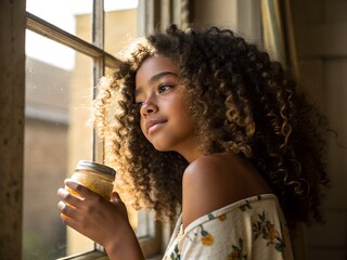 Ni&ntilde;a con rizos definidos sosteniendo un frasco de gel de linaza casera