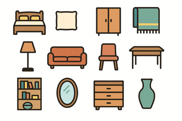 Simple furniture icons: bed, couch, chair, table, wardrobe, lamp, dresser, shelf, vase, mirror
