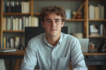 Distance learning setup: A young serious man sitting at a desk in the office, conducting an online lecture or business training, speaking to the camera with professional engagement, Generative AI