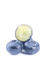 Fresh Blueberries Cut in Half Showing Interior on White Background - Healthy Superfood Berry Nutrition Concept