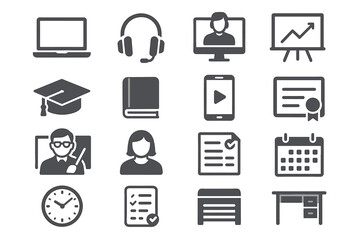 Education and technology icons featuring online learning tools and academic symbols